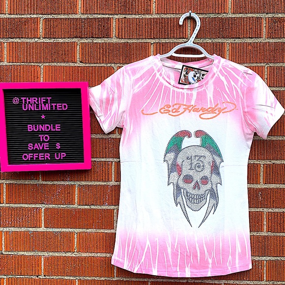 Ed Hardy Tops - ED HARDY y2k pink t-shirt BNWT with diamonds